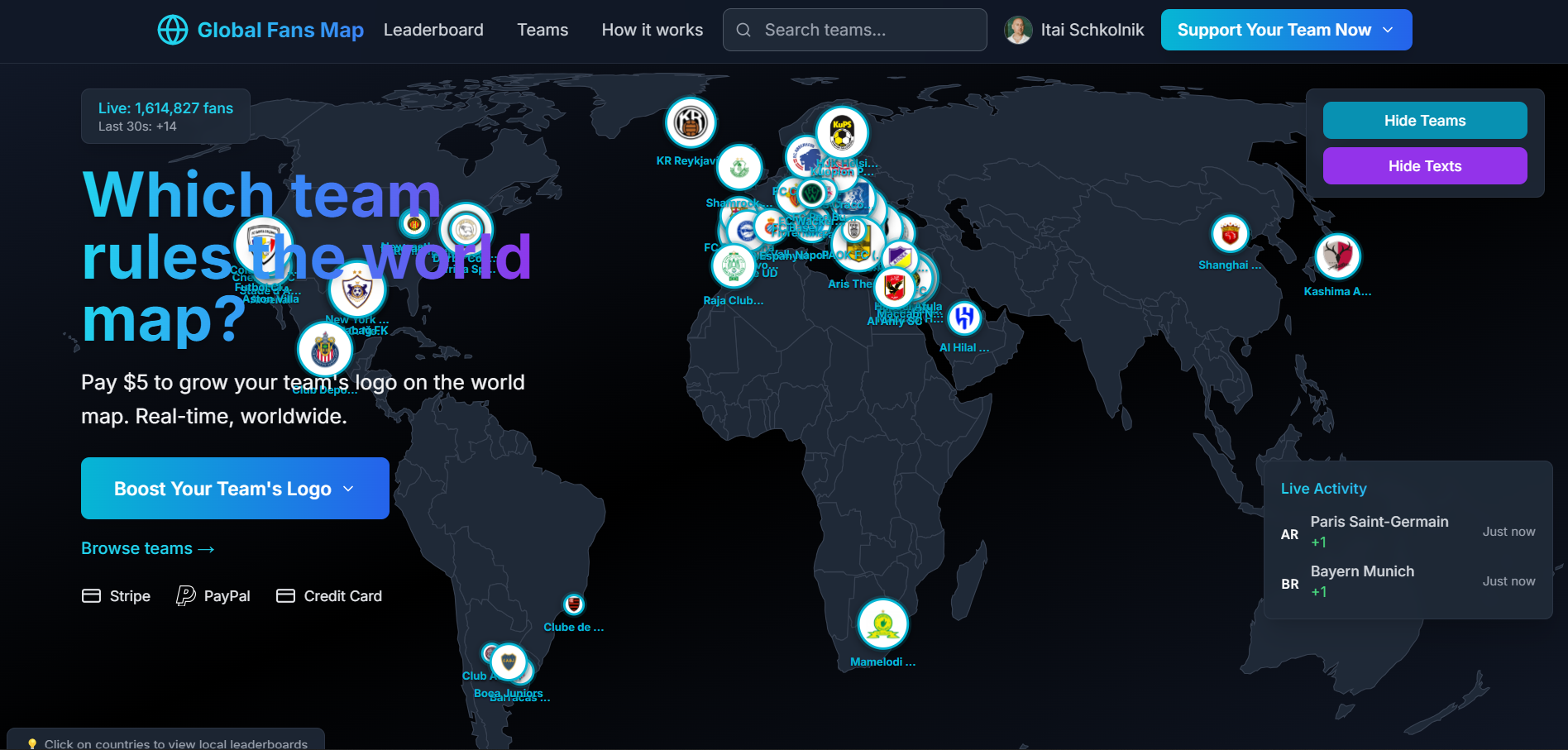Platform Overview - Main interface with world map, team logos, and user dashboard